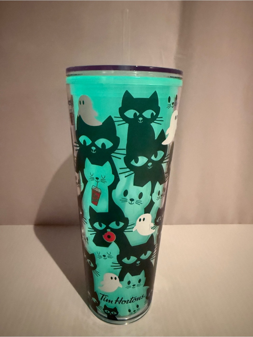 Tim Hortons 2025 Halloween Glow in the Dark Cat Ghost Limited Ed 24oz Tumbler
